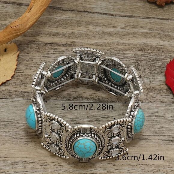 Turquoise and Silver Elastic Bracelet Vintage An Antique Silvery Bangle Bracelet - Picture 5 of 5